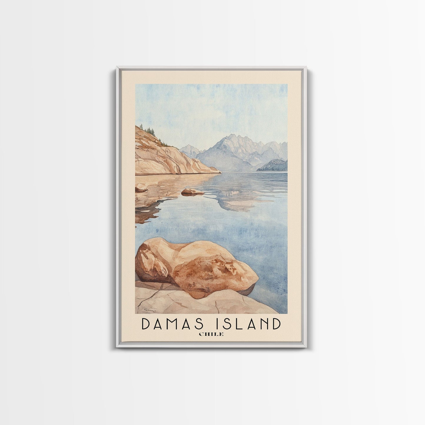 Damas Island, Chile Watercolor Beach Print, Vacation Gift, Chile Wall Art, Framed Canvas Print, Framed Beach Painting