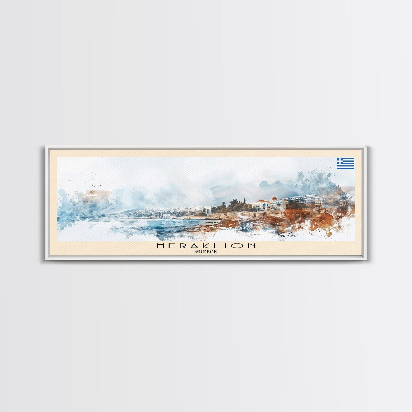 Heraklion Greece Panoramic Travel Poster, Framed Canvas Print or Metal Wall Art, Travel Art, Home Decor, Panoramic Painting, Midcentury Art