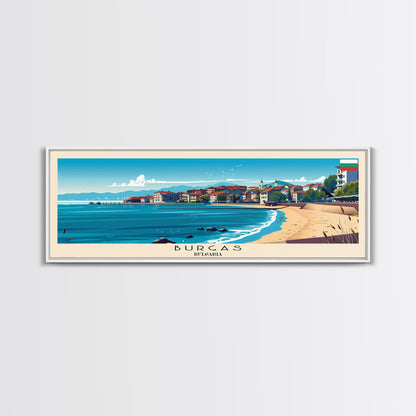 Burgas Bulgaria Panoramic Travel Poster, Framed Canvas Print or Metal Wall Art, Travel Art, Home Decor, Panoramic Painting, Midcentury Art