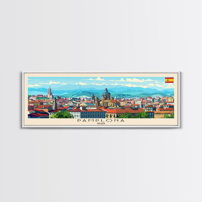Pamplona Spain Panoramic Travel Poster, Framed Canvas Print or Metal Wall Art, Travel Art, Home Decor, Panoramic Painting, Midcentury Art