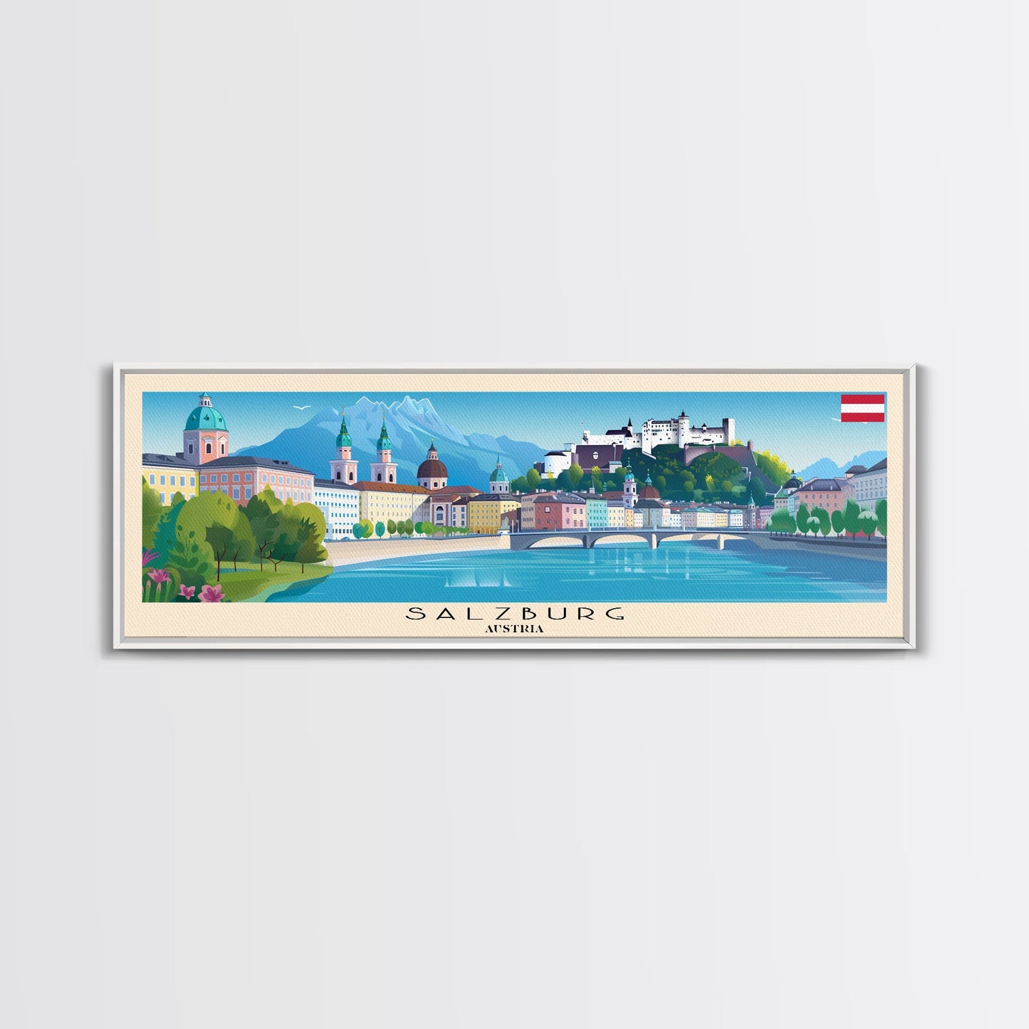Salzburg Austria Panoramic Travel Poster, Framed Canvas Print or Metal Wall Art, Travel Art, Home Decor, Panoramic Painting, Midcentury Art