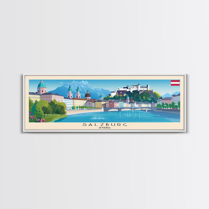 Salzburg Austria Panoramic Travel Poster, Framed Canvas Print or Metal Wall Art, Travel Art, Home Decor, Panoramic Painting, Midcentury Art
