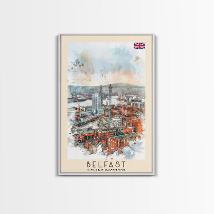 Belfast United Kingdom Travel Poster Framed Canvas Print, Wall Art, Living Room Art, Watercolor Painting, Original Art