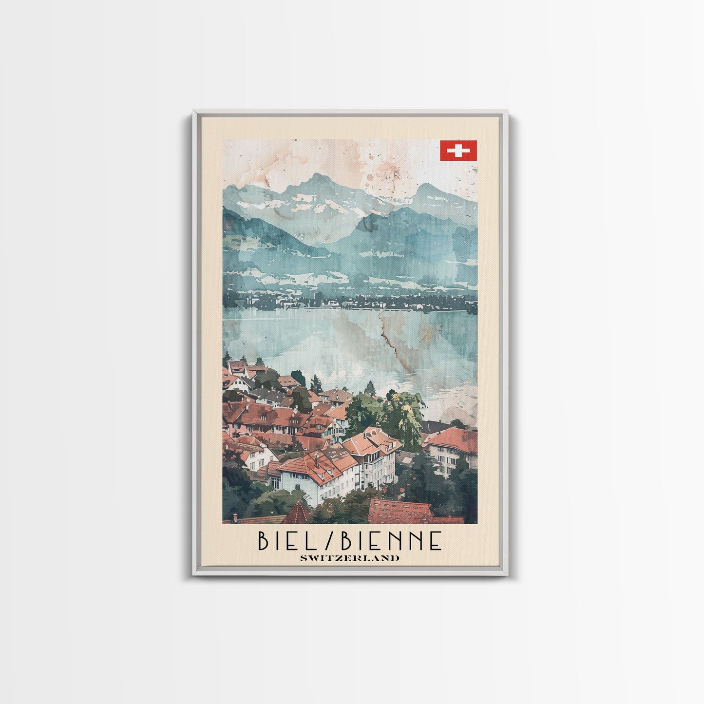 Biel/Bienne Switzerland Travel Poster Framed Canvas Print, Watercolor Painting, Wall Art, Home Decor, Scenic Travel Print