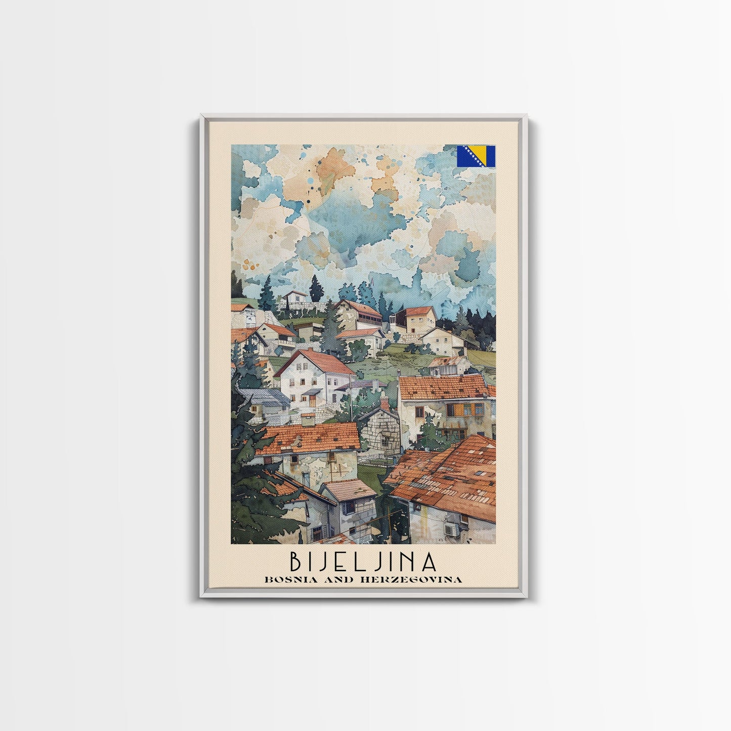 Bijeljina Bosnia and Herzegovina Travel Poster Framed Canvas Print, Watercolor Art, Home Decor, Wall Art, Travel Print