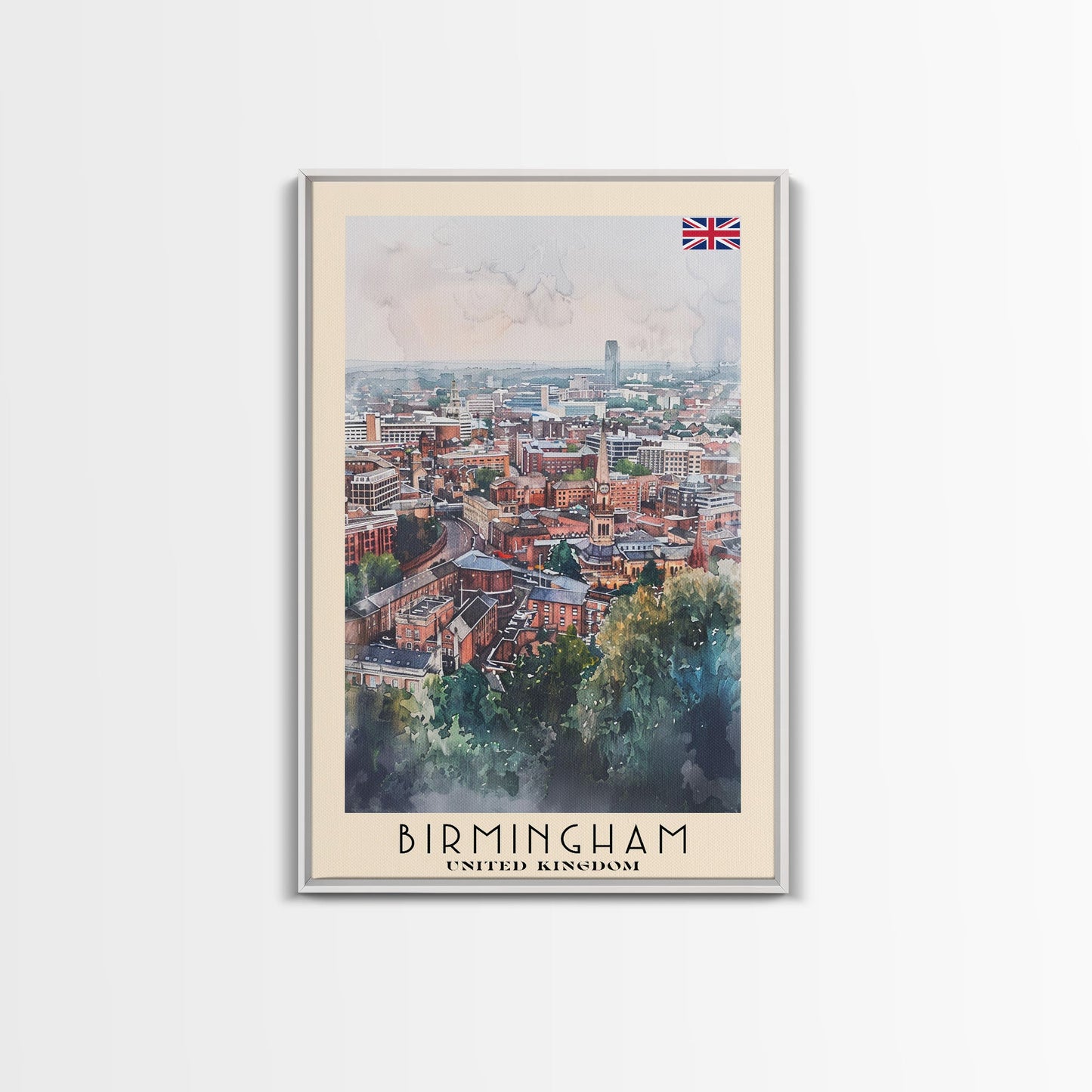 Birmingham United Kingdom Travel Poster Framed Canvas Print, Watercolor Art, Home Decor, Wall Art, Travel Print, Cityscape Art