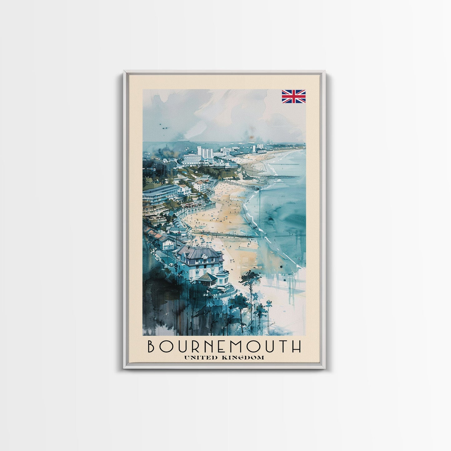 Bournemouth United Kingdom Travel Poster Framed Canvas Print, Wall Art, Home Decor, Travel Print, Beach View, Watercolor Art
