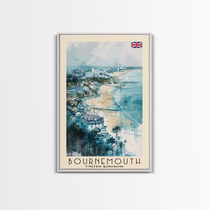 Bournemouth United Kingdom Travel Poster Framed Canvas Print, Wall Art, Home Decor, Travel Print, Beach View, Watercolor Art