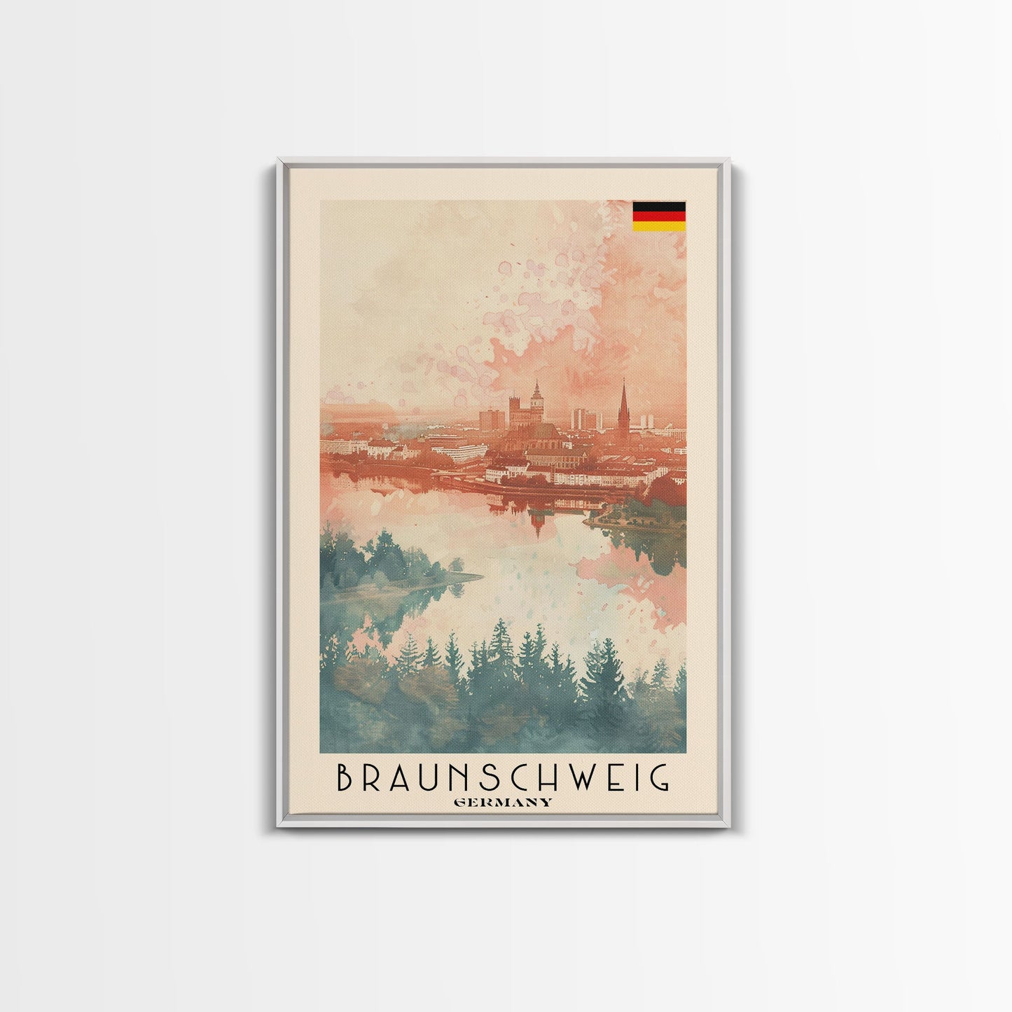 Braunschweig Germany Travel Poster Framed Canvas Print, Cityscape Art, Wall Decor, Travel Print, Watercolor Painting, Urban Scene Art