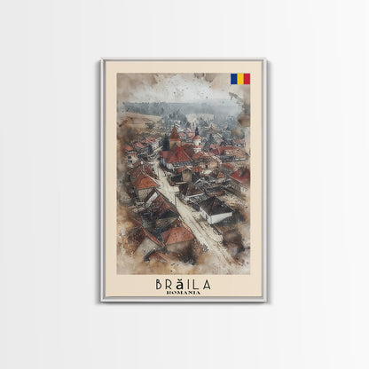 Brăila Romania Travel Poster Framed Canvas Print, Cityscape Art, Wall Decor, Travel Print, Watercolor Painting, Rustic Scene Art