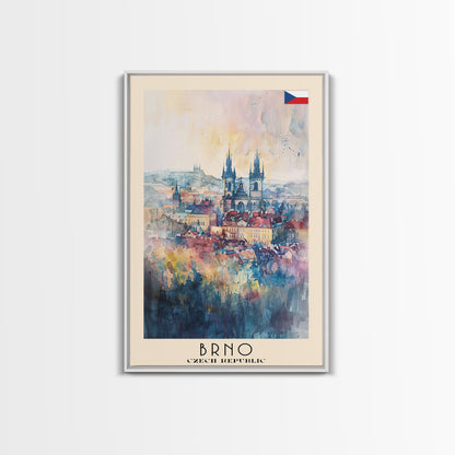 Brno Czech Republic Travel Poster Framed Canvas Print, Cityscape Art, Wall Decor, Travel Print, Watercolor Painting, Boho Style Art
