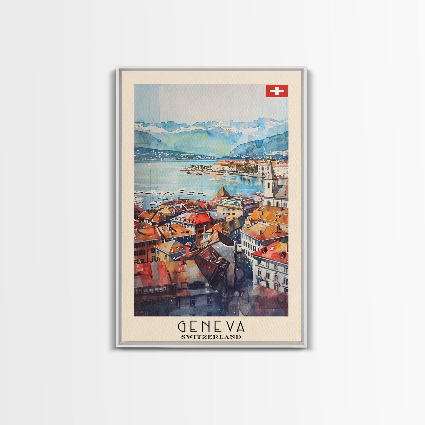 Geneva, Switzerland Travel Poster Art, Framed Canvas Print for Living Room or Bedroom, Scenic Wall Art, Home Decoration