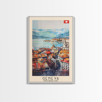 Geneva, Switzerland Travel Poster Art, Framed Canvas Print for Living Room or Bedroom, Scenic Wall Art, Home Decoration