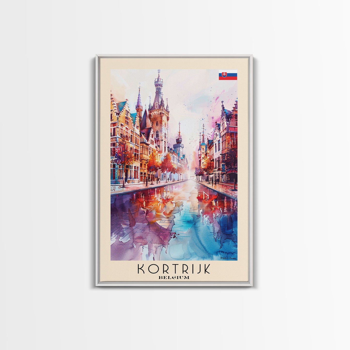Kortrijk Belgium Charming Cityscape, Framed Canvas Print, Travel Poster, Wall Art, Nursery Decor, Belgian Urban Scene, Charming City Artwork