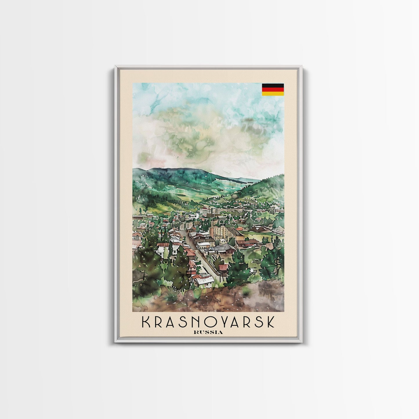 Krasnoyarsk Russia Travel Poster Framed Canvas Print, Watercolor Cityscape, Home Decor, Wall Art, Scenic Painting, Travel Print, Artistic Gift