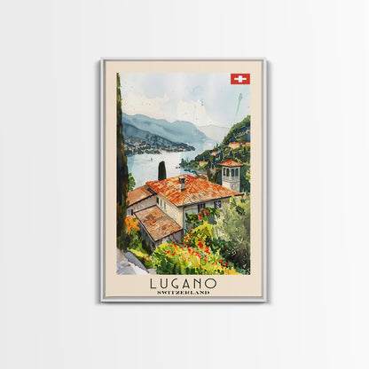 Lugano Switzerland Travel Poster Framed Canvas Print, Lakeside Cityscape, Watercolor Painting, Wall Art, Home Decoration, Travel Print, Artistic Gift
