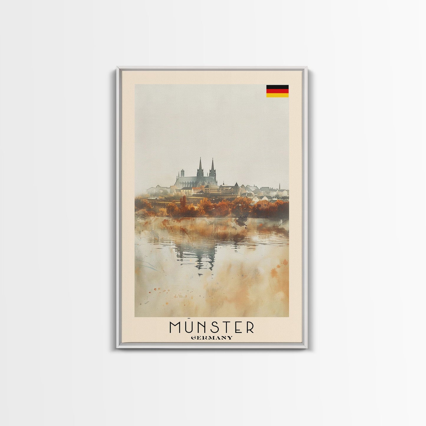 Münster Germany Travel Poster Framed Canvas Print, Historic Architecture, Watercolor Painting, Wall Art, Interior Design, Travel Print, Unique Art