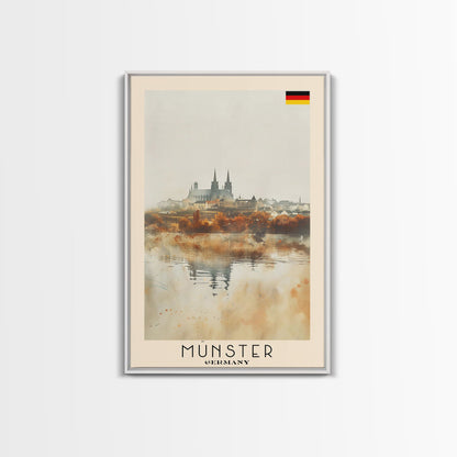 Münster Germany Travel Poster Framed Canvas Print, Historic Architecture, Watercolor Painting, Wall Art, Interior Design, Travel Print, Unique Art