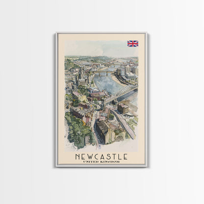 Newcastle United Kingdom Framed Canvas Print, Urban Travel Poster, Watercolor Painting, Cityscape Wall Art, Home Decor, Unique Art