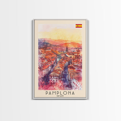 Pamplona Spain Travel Poster Framed Canvas Print, Watercolor Painting, Urban Wall Art, Home Decor, Spanish Architecture, Classic Art