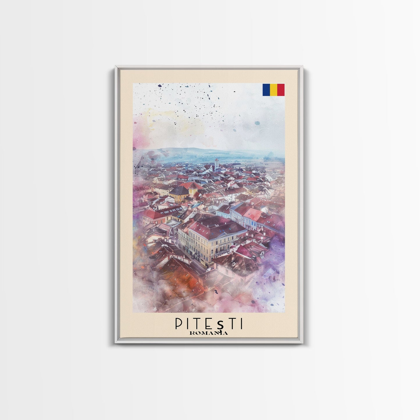 Piteti Romania Travel Poster Framed Canvas Print, Watercolor Painting, Scenic Wall Art, Home Decor, Romanian Cityscape, Classic Art