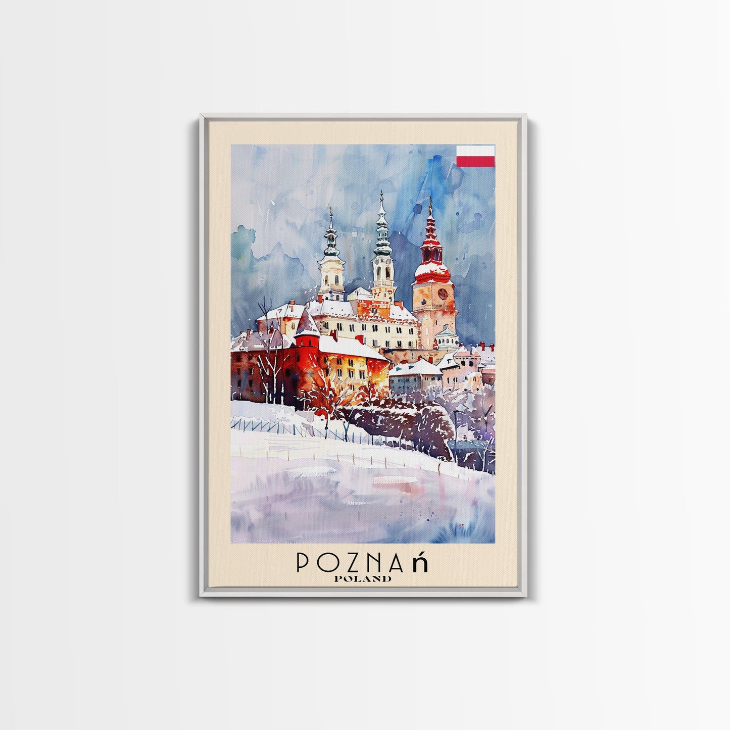 Poznan Poland Travel Poster Framed Canvas Print, Watercolor Painting, Scenic Wall Art, Home Decor, Polish Cityscape, Modern Art