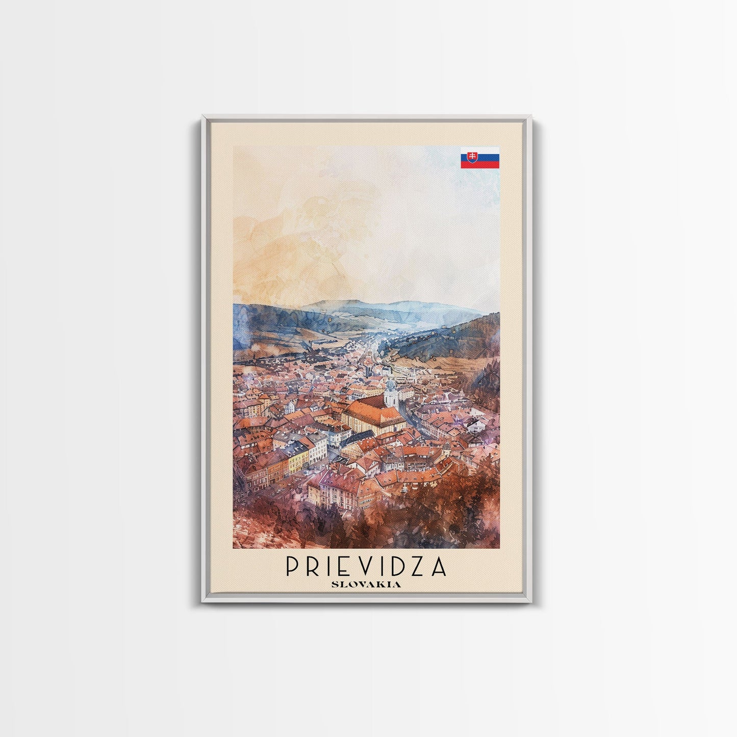 Prievidza Slovakia Travel Poster Framed Canvas Print, Watercolor Painting, Scenic Wall Art, Home Decor, Slovakian Landscape, Modern Art