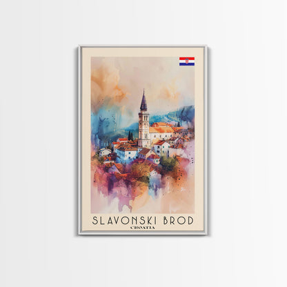 Slavonski Brod Croatia Travel Poster Framed Canvas Print, Watercolor Painting, Scenic Wall Art, Home Decor, Croatian Cityscape, Classic Art