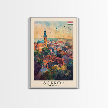 Sopron Hungary Travel Poster Framed Canvas Print, Watercolor Painting, Scenic Wall Art, Home Decor, Hungarian Cityscape, Artistic Art