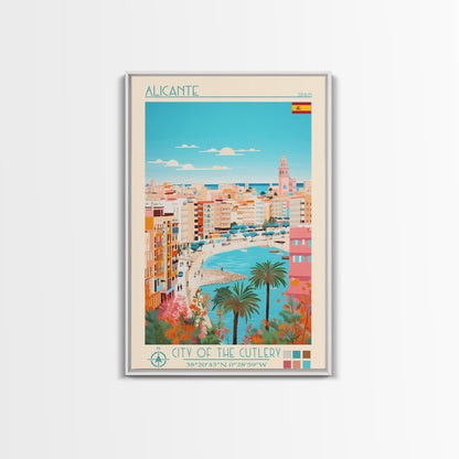 Alicante Spain Travel Poster Framed Canvas Print, Midcentury Modern Art, Pop Art Decor, Wall Art, Vacation Gift, Living Room Decoration, Scenic Print