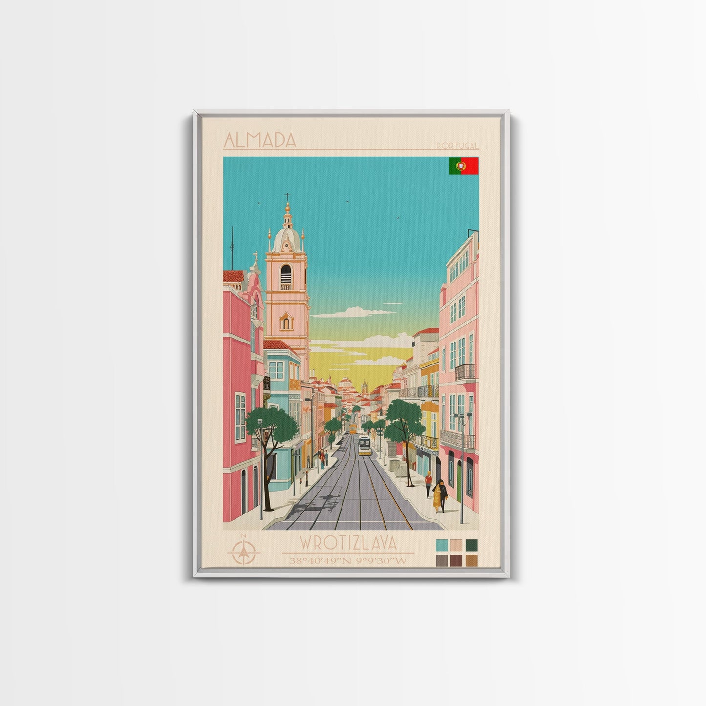 Almada Portugal Travel Poster Framed Canvas Print, Midcentury Modern Art, Pop Art Decor, Wall Art, Vacation Gift, Living Room Decoration, Scenic Print