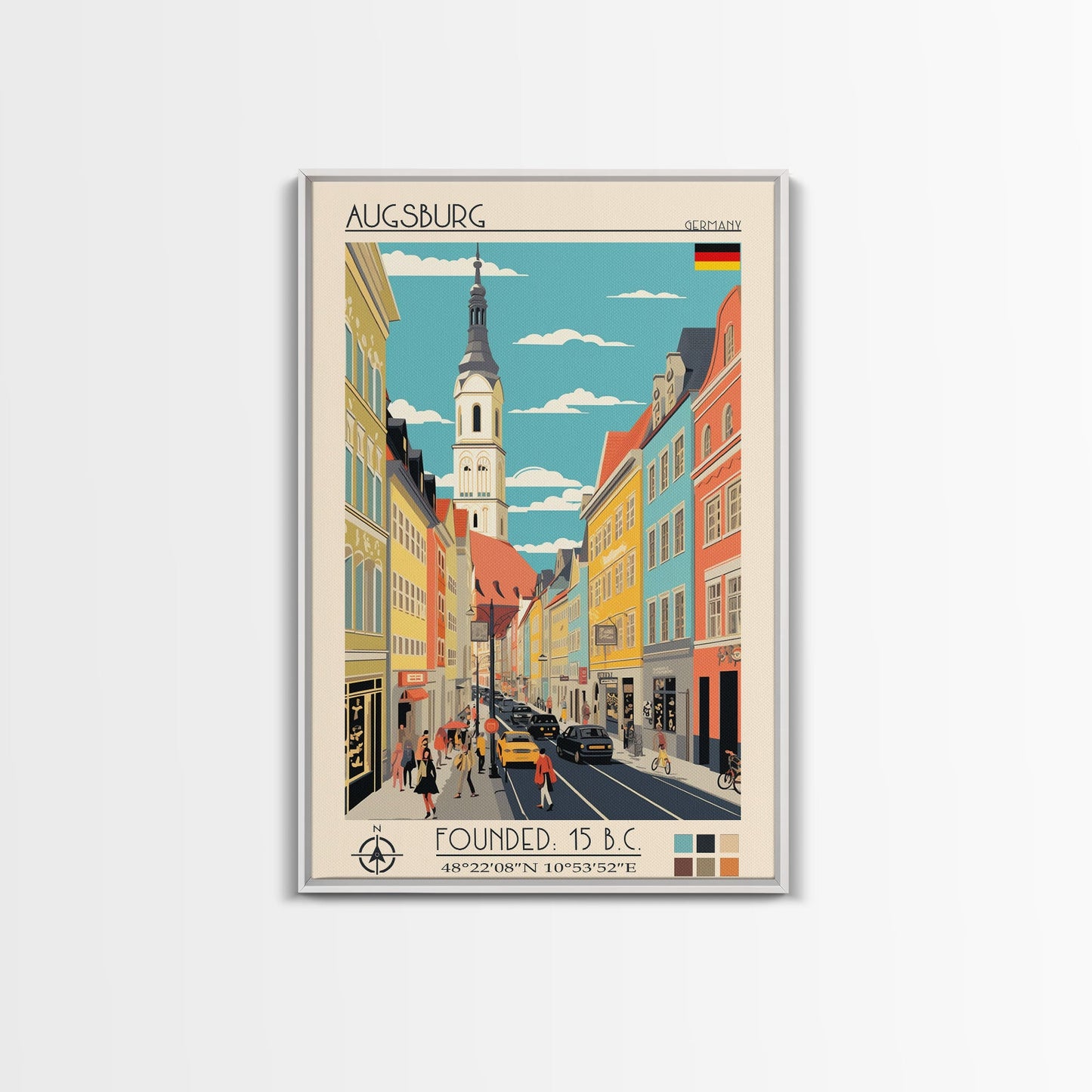 Augsburg Germany Travel Poster Framed Canvas Print, Midcentury Modern Art, Pop Art Wall Decor, Home Decor, Vacation Gift, Living Room Art