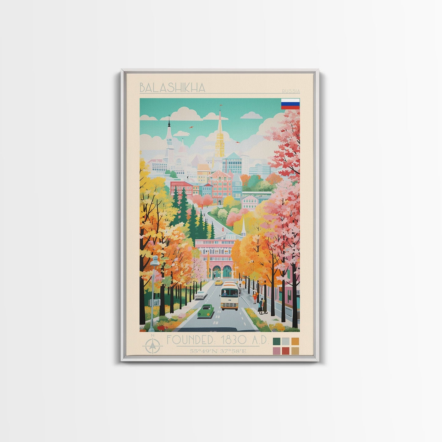 Balashikha Russia Travel Poster Framed Canvas Print, Midcentury Modern Art, Pop Art Wall Decor, Home Decor, Vacation Gift, Living Room Art
