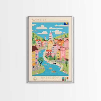 Banja Luka Bosnia Travel Poster Framed Canvas Print, Midcentury Modern Art, Pop Art Wall Decor, Home Decor, Vacation Gift, Living Room Art
