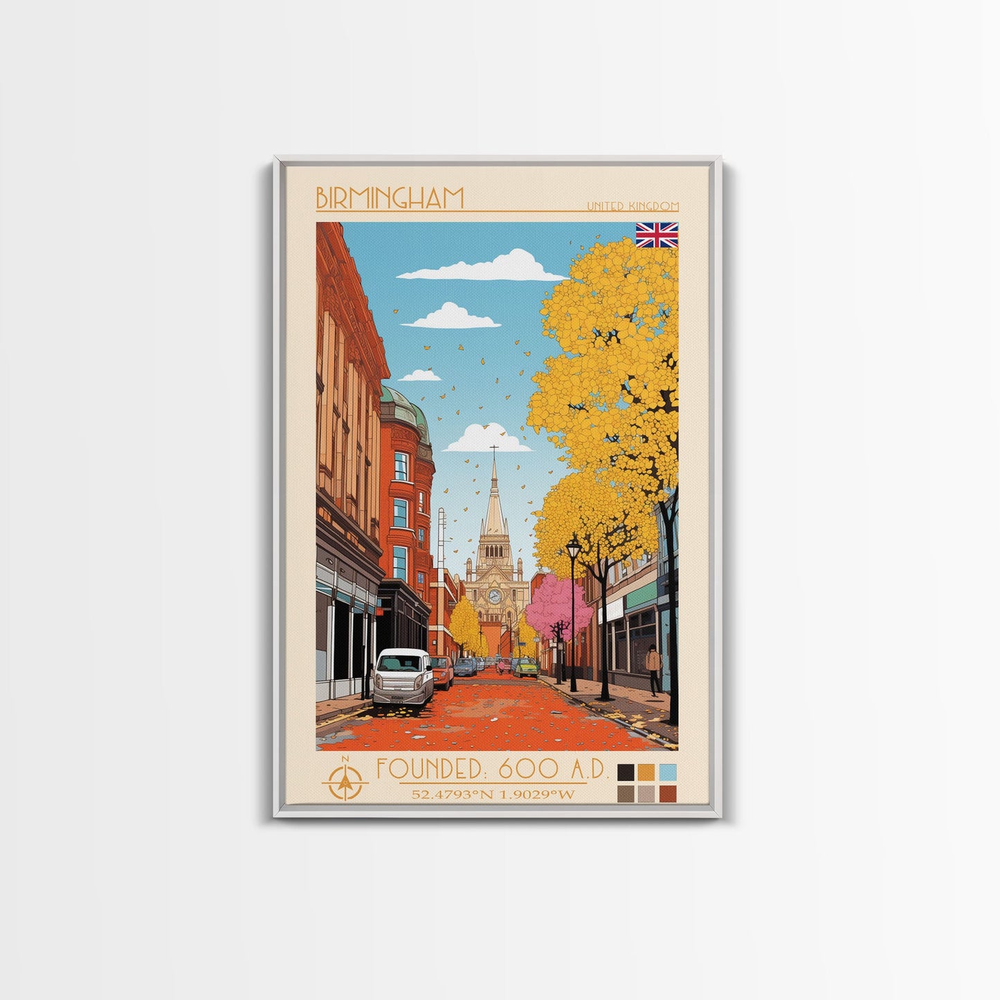 Birmingham UK Travel Poster Framed Canvas Print, Midcentury Modern Art, Pop Art Wall Decor, Home Decor, Living Room Decoration