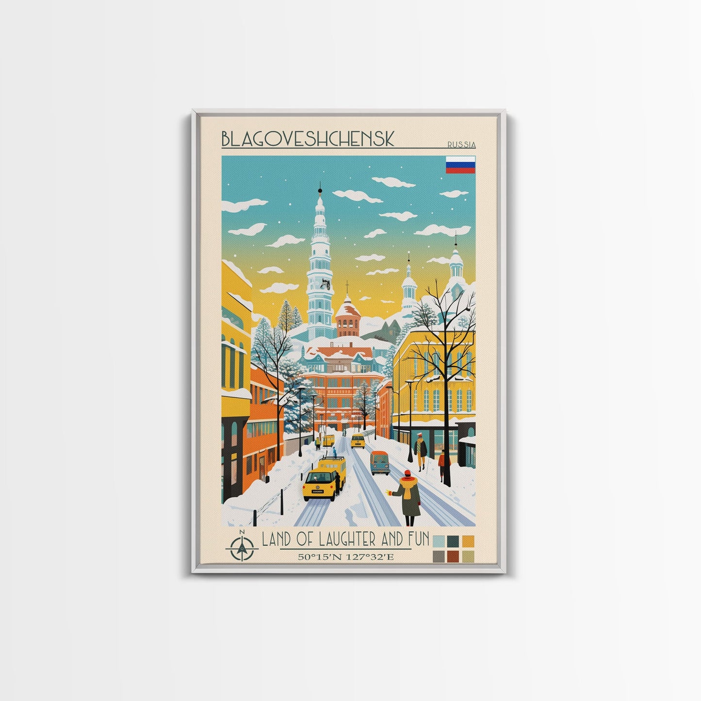 Blagoveshchensk Russia Travel Poster Framed Canvas Print, Midcentury Modern Art, Pop Art Home Decor, Scenic Wall Art, Unique Gift