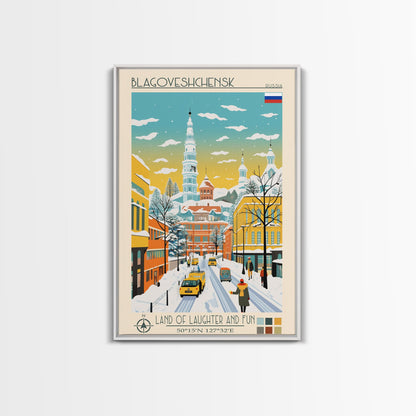 Blagoveshchensk Russia Travel Poster Framed Canvas Print, Midcentury Modern Art, Pop Art Home Decor, Scenic Wall Art, Unique Gift