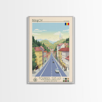 Brașov Romania Travel Poster Framed Canvas Print, Midcentury Modern Art, Pop Art Wall Decor, Home Decor, Vacation Gift, Living Room Art