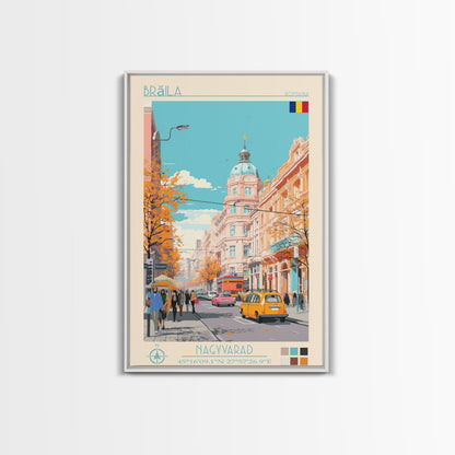 Brăila Romania Travel Poster Framed Canvas Print, Midcentury Modern Art, Pop Art Wall Decor, Home Decor, Vacation Gift, Living Room Art