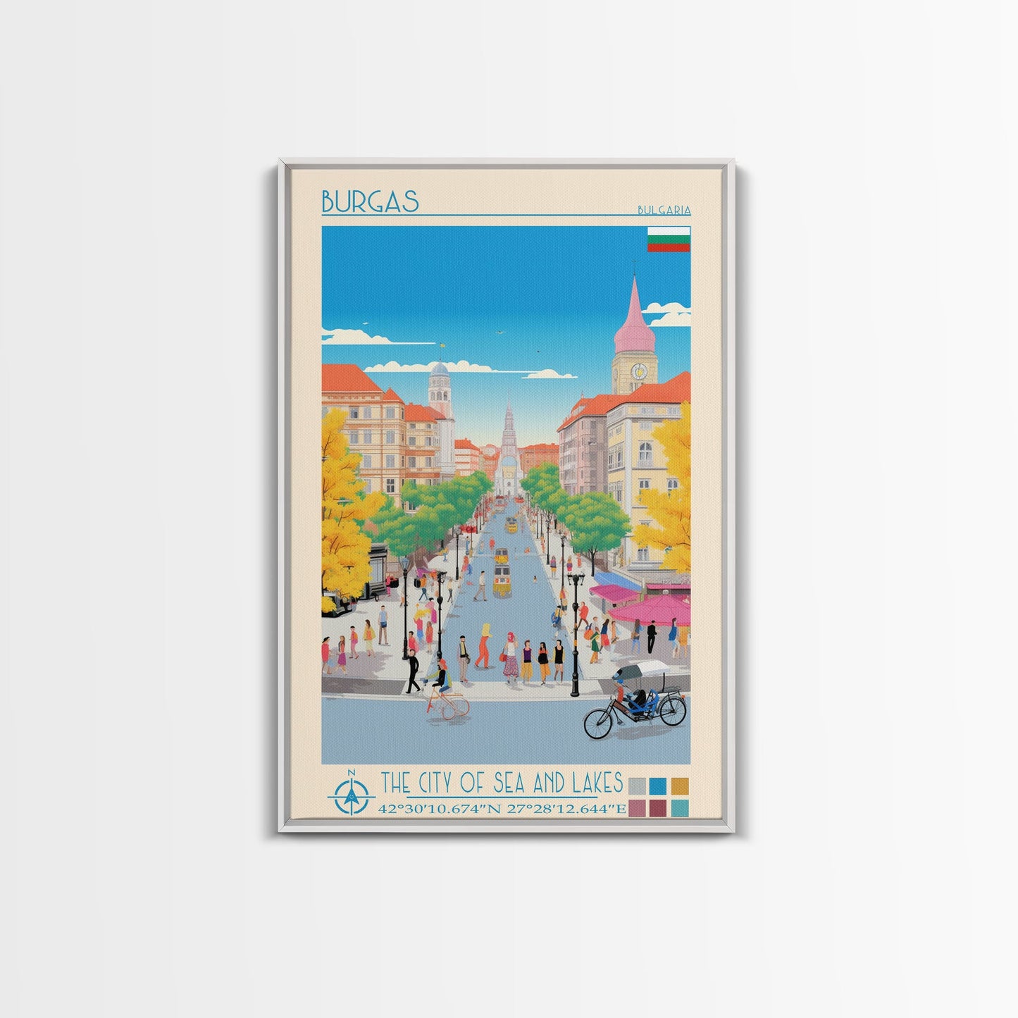 Burgas Bulgaria Travel Poster Framed Canvas Print, Midcentury Modern Art, Pop Art Wall Decor, Home Decor, Vacation Gift, Living Room Art
