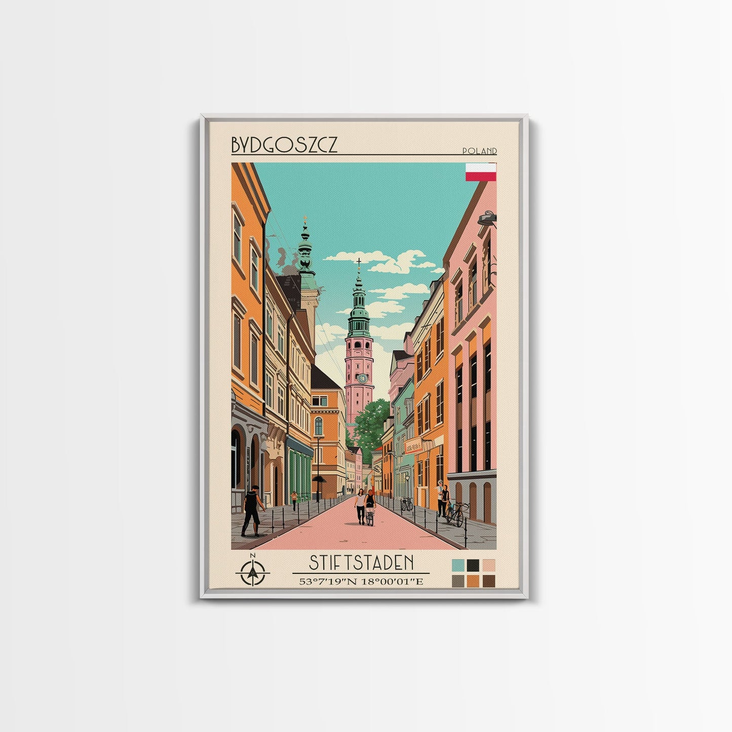 Bydgoszcz Poland Travel Poster Framed Canvas Print, Midcentury Modern Art, Pop Art Wall Decor, Home Decor, Vacation Gift, Living Room Art
