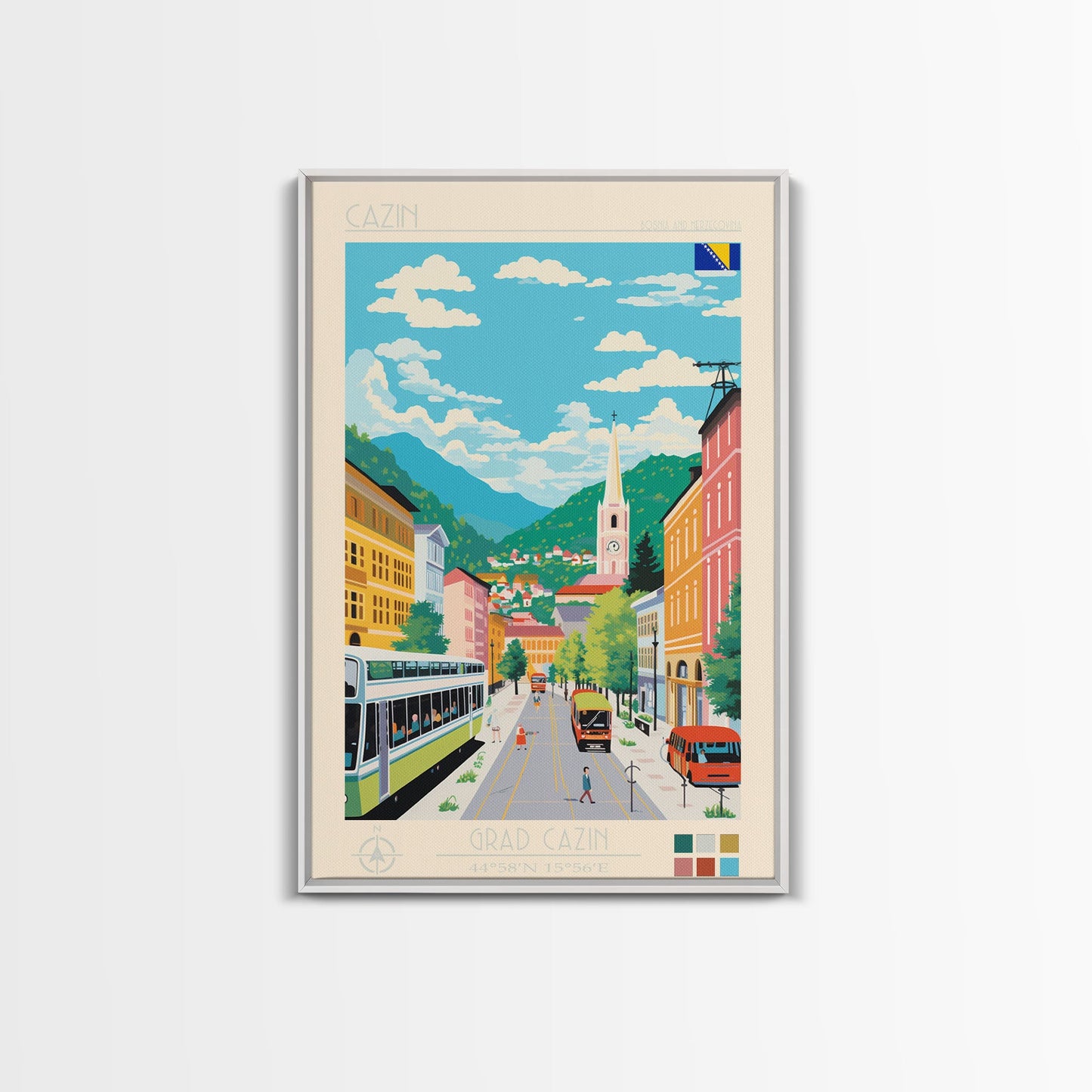 Cazin Bosnia and Herzegovina Travel Poster Framed Canvas Print, Midcentury Modern Art, Pop Art Wall Decor, Home Decor, Living Room Art