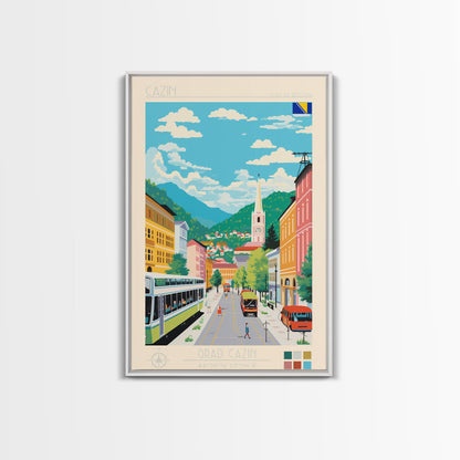 Cazin Bosnia and Herzegovina Travel Poster Framed Canvas Print, Midcentury Modern Art, Pop Art Wall Decor, Home Decor, Living Room Art