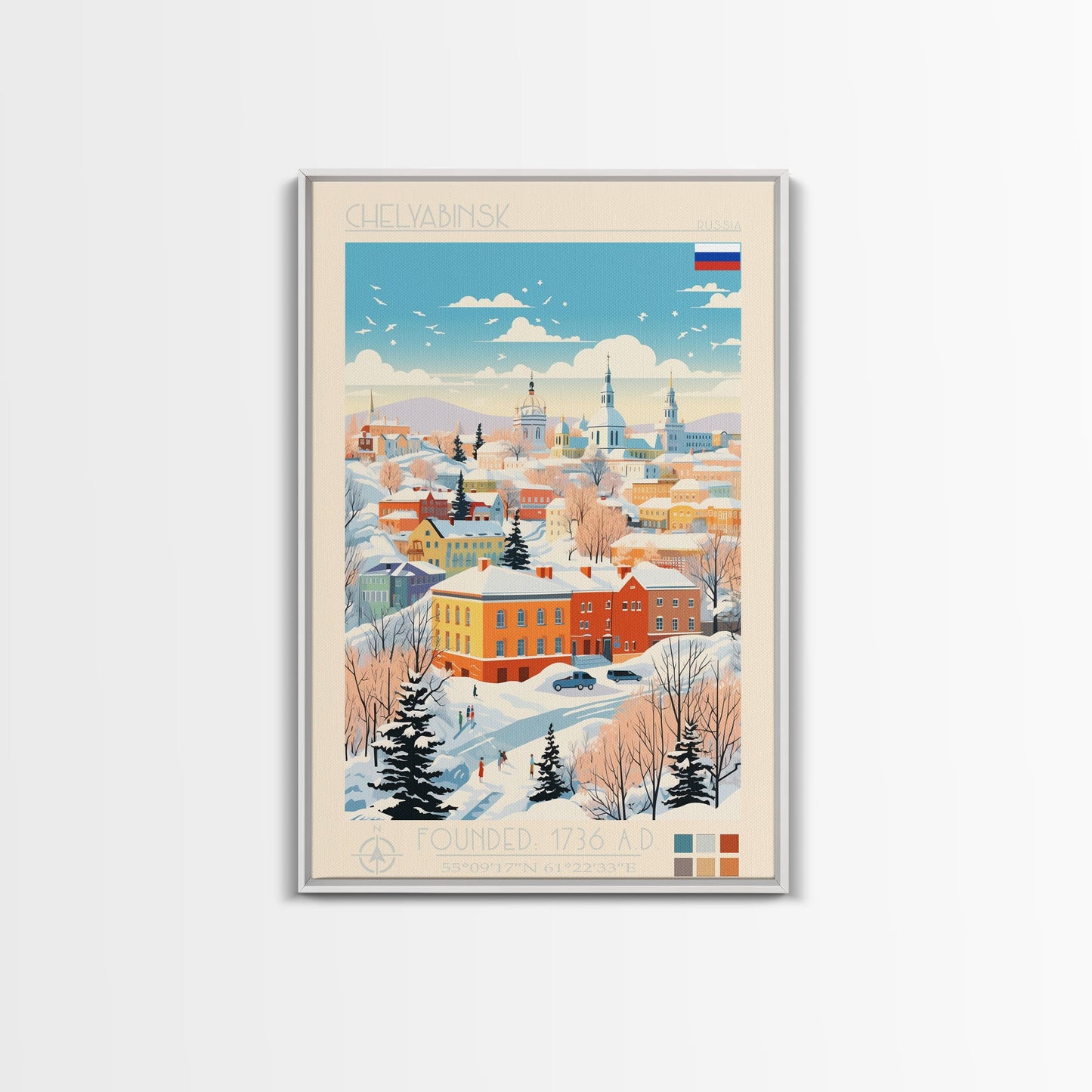 Chelyabinsk Russia Travel Poster Framed Canvas Print, Midcentury Modern Art, Pop Art Wall Decor, Home Decor, Vacation Gift, Living Room Art