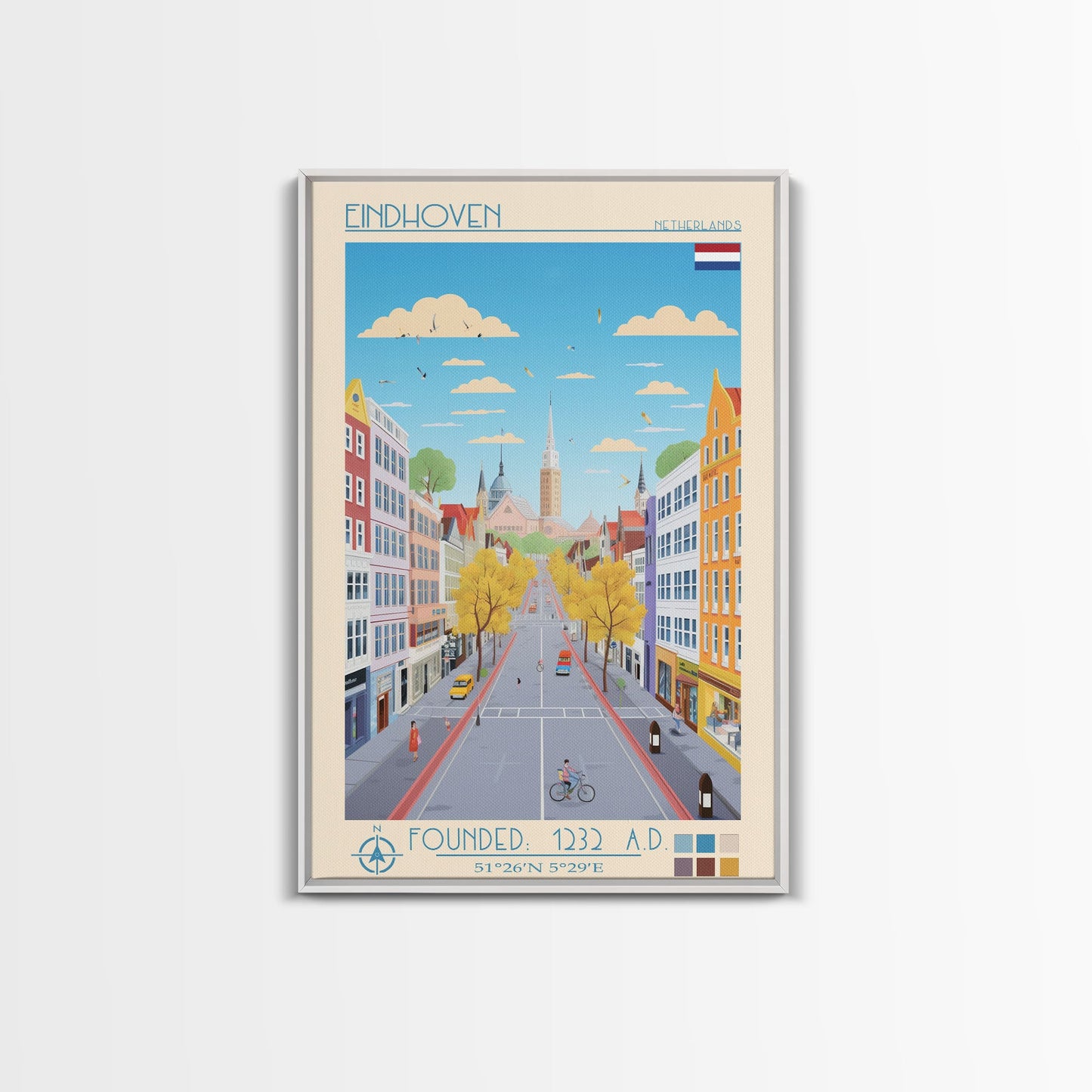 Eindhoven Netherlands Travel Poster Framed Canvas Print, Midcentury Modern Art, Pop Art Wall Decor, Scenic Living Room Art, Bedroom Gift