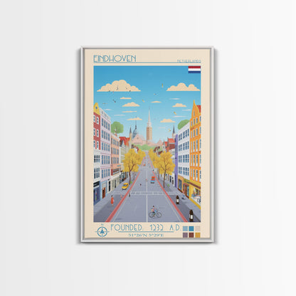 Eindhoven Netherlands Travel Poster Framed Canvas Print, Midcentury Modern Art, Pop Art Wall Decor, Scenic Living Room Art, Bedroom Gift