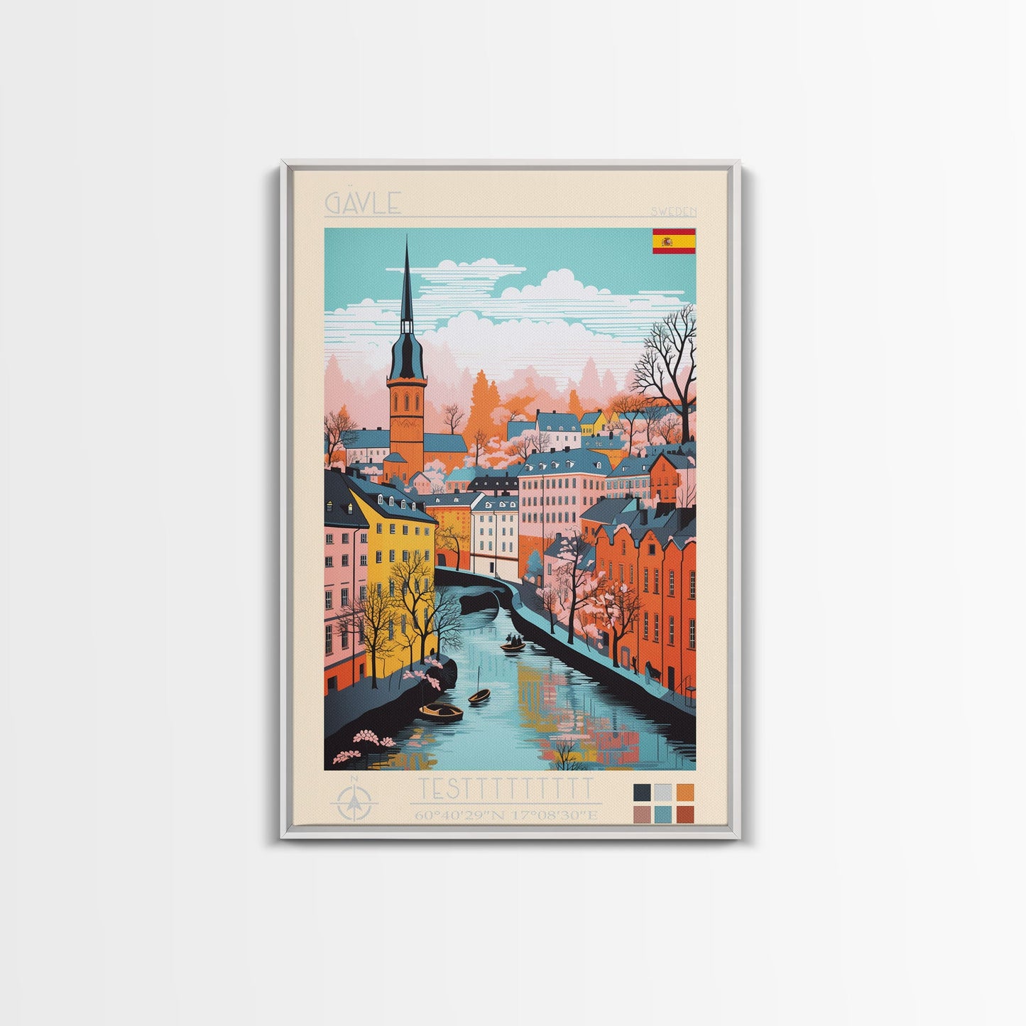 Gävle Sweden Travel Poster Framed Canvas Print, Midcentury Modern Art, Pop Art Wall Decor, Scenic Wall Art, Bedroom Decoration