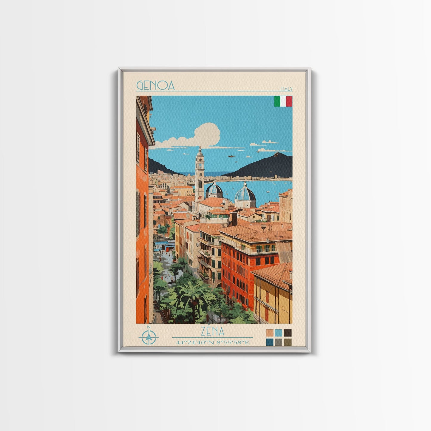 Genoa Italy Travel Poster Framed Canvas Print, Midcentury Modern Art, Pop Art Wall Decor, Scenic Wall Art, Living Room Decoration, Office Gift