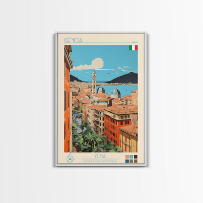 Genoa Italy Travel Poster Framed Canvas Print, Midcentury Modern Art, Pop Art Wall Decor, Scenic Wall Art, Living Room Decoration, Office Gift