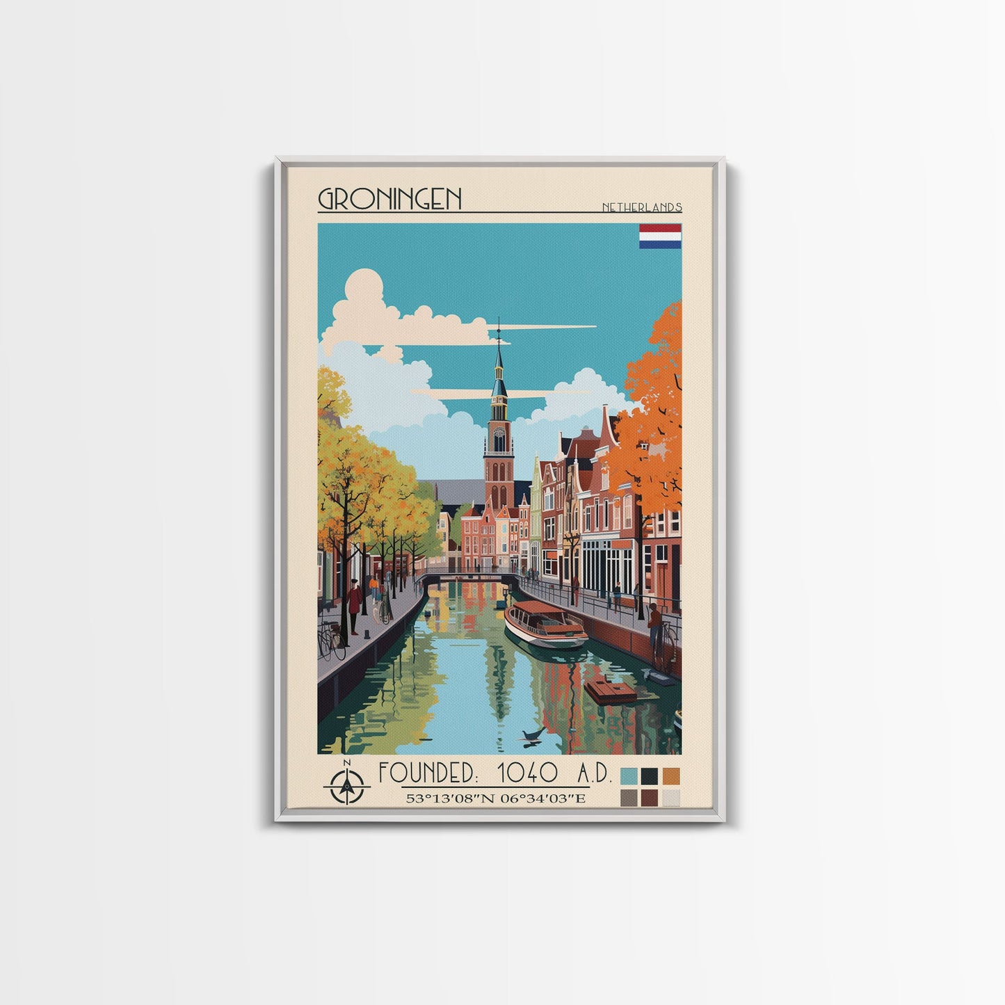 Groningen Netherlands Travel Poster Framed Canvas Print, Midcentury Modern Art, Pop Art Wall Decor, Scenic Living Room Art, Bedroom Gift